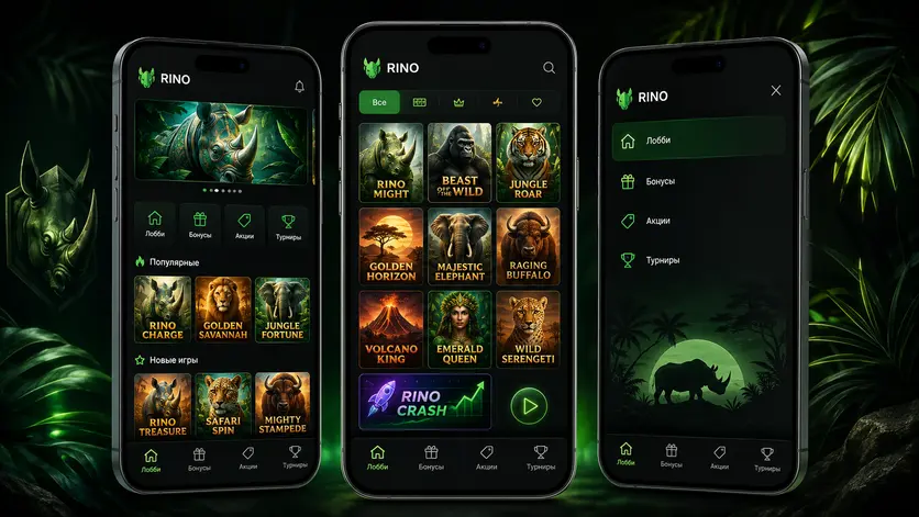Интерфейс приложения Rino Casino: лобби с популярными играми, каталог и боковое меню разделов