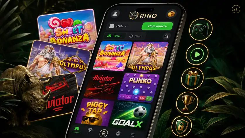 Возможности мобильного приложения Rino Casino: каталог игр, демо-режим, пополнение в гривне
