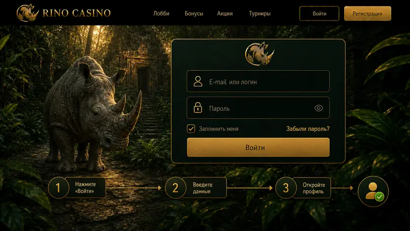 Форма входа в Rino Casino и три шага авторизации: нажать «Войти», ввести данные, открыть профиль