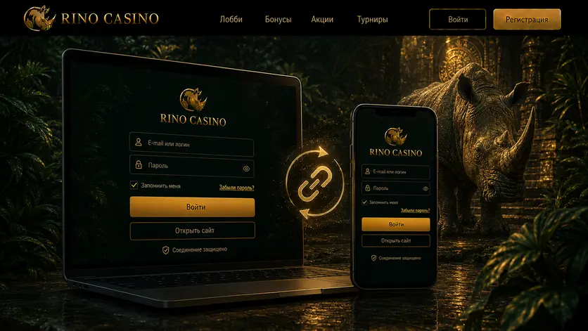 Вход в Rino Casino через зеркало на ноутбуке и смартфоне с пометкой о защищённом соединении
