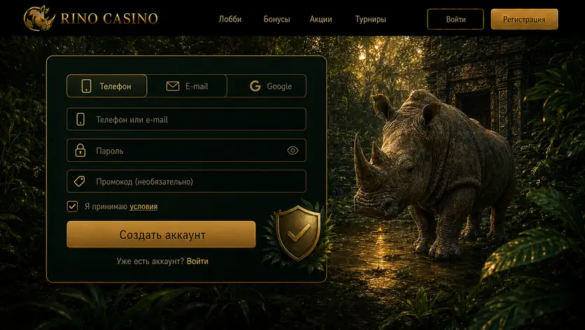 Форма регистрации Rino Casino с выбором способа — телефон, e-mail или Google — и полем промокода