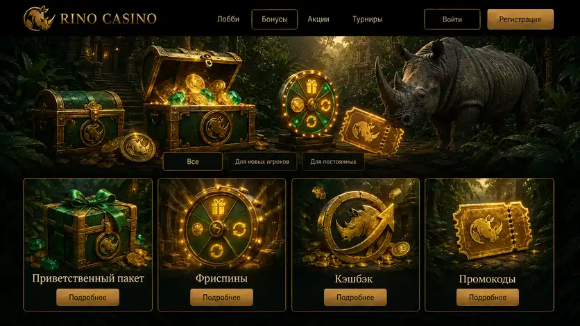 Раздел бонусов Rino Casino: приветственный пакет, фриспины, кэшбэк и промокоды