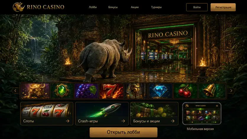 Главная страница Rino Casino: баннер, карусель слотов и разделы «Слоты», «Crash-игры», «Бонусы и акции»