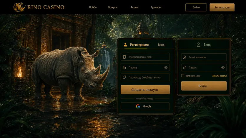 Формы регистрации и входа Rino Casino с полями телефона, e-mail, пароля и промокода