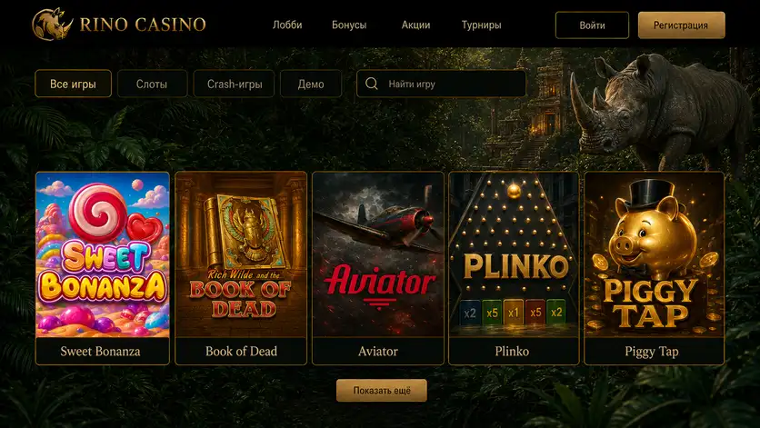 Каталог игр Rino Casino с фильтрами «Слоты», «Crash-игры», «Демо» и популярными тайтлами