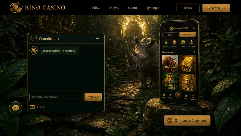 Онлайн-чат поддержки Rino Casino и мобильная версия сайта на экране смартфона