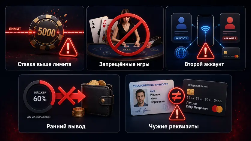 Пять ошибок, из-за которых аннулируют бонус: ставка выше лимита, запрещённые игры, второй аккаунт, ранний вывод, чужие реквизиты