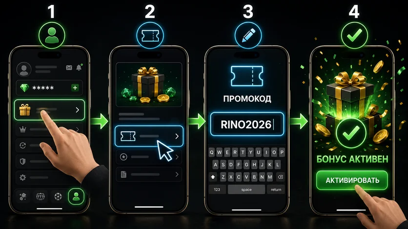 Четыре шага активации промокода Rino Casino: профиль, раздел бонусов, ввод кода, подтверждение